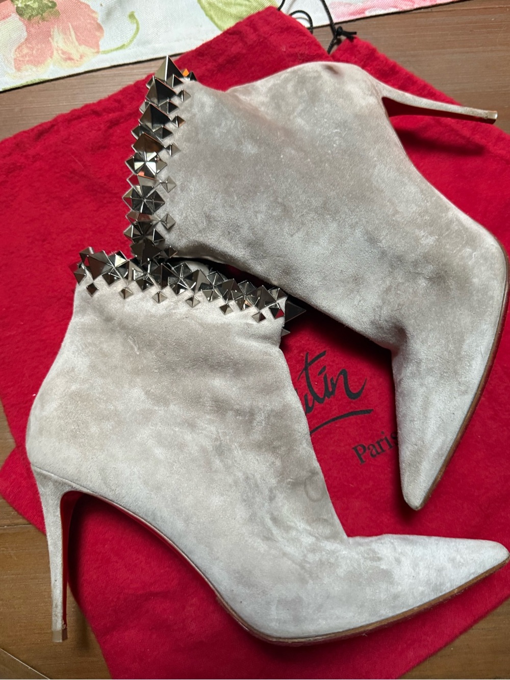 Christian Louboutin Grey Velour Firmamma Studded Ankle Booties size 38 / 7.5 US